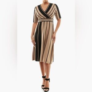 Nina Leonard Striped Sweater Dress Black Tan L